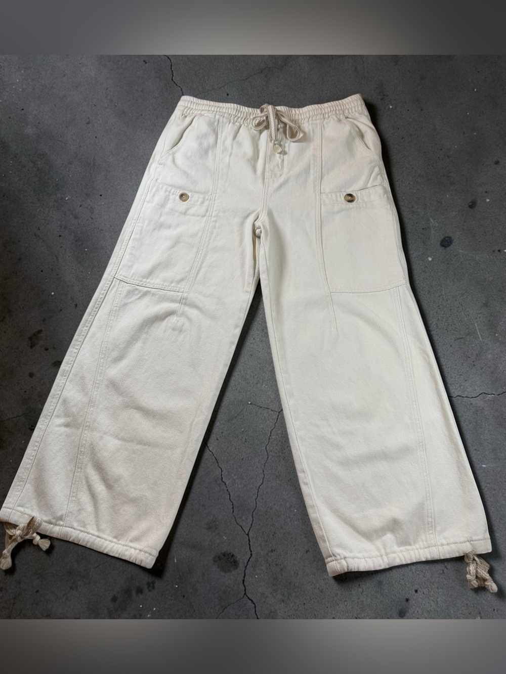 NWT Böhme XL Cream Wide Leg Utility Pants Boho Drawstring Cropped Ivory